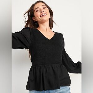 Black Long Sleeve Scoop Neck Peplum Blouse